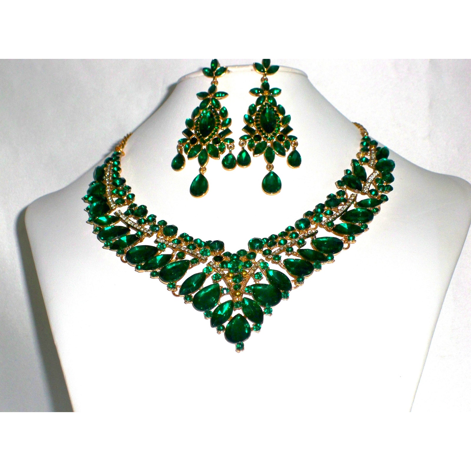 Green Rhinestone Necklace Set, Wedding Mob Prom Party Formal Evening Necklace